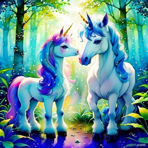 two unicorns are standing in the woods together, with trees and grass in the background, and one is looking at the other