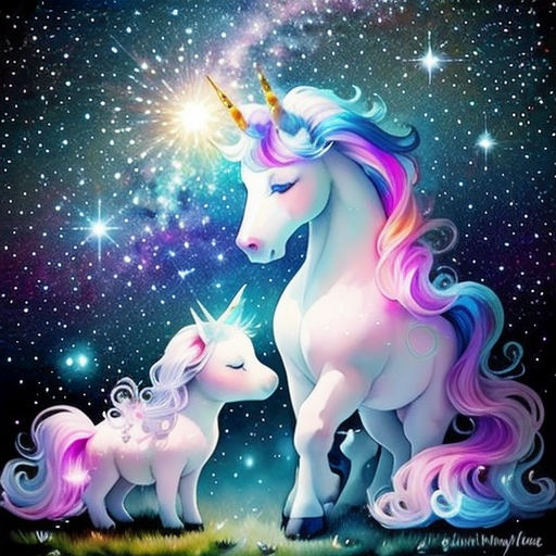 a unicorn and her baby are standing in the grass under the stars of the sky with a star - filled sky behind them