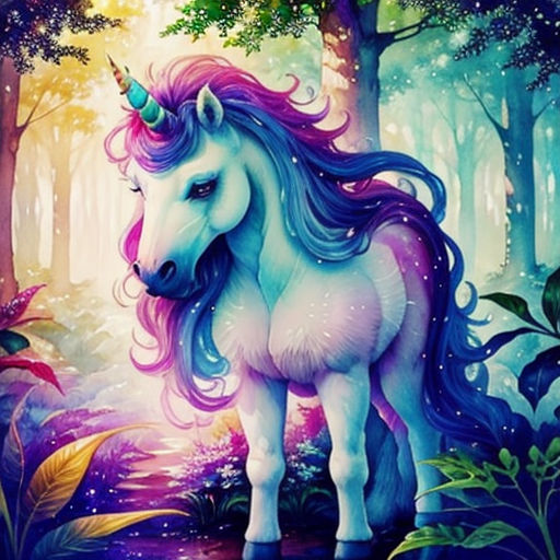 a unicorn standing in the middle of a forest with trees and flowers on it's head, with a rainbow colored mane