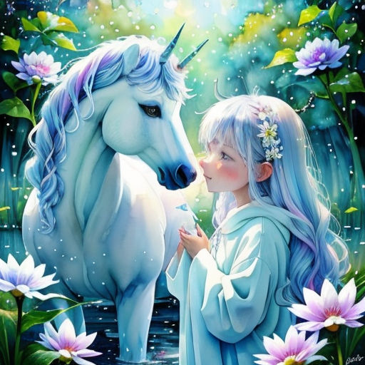 a girl and a unicorn are standing in the water with flowers around them and a blue sky background with white flowers