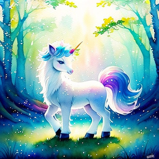 a painting of a unicorn in the woods with trees and stars in the background, with a rainbow colored mane
