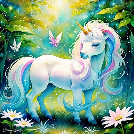 a painting of a unicorn with a butterfly on its head and flowers in the foreground, and a butterfly on its back