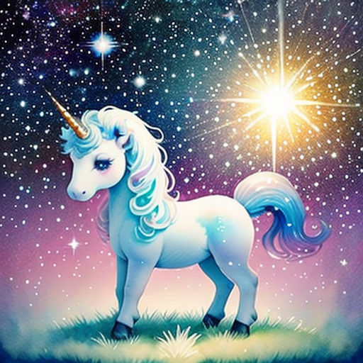 a unicorn standing on top of a lush green field under a night sky filled with stars and a shooting star