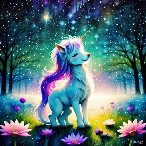 a painting of a unicorn sitting on a flower field with trees and stars in the background, with a sky filled with stars