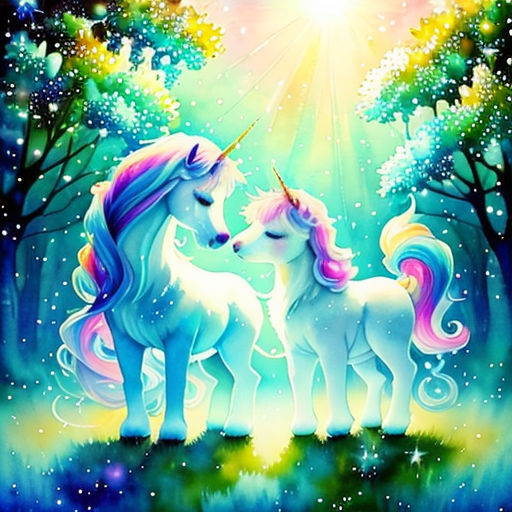 two unicorns are standing in the forest with a star in the sky above them and a light shining on them