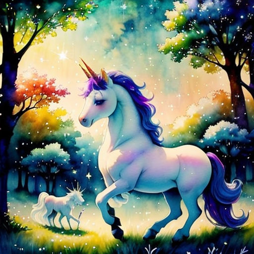 a painting of a unicorn and her baby in a forest with trees and stars on the sky above it