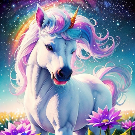 a unicorn with a rainbow mane standing in a field of flowers with a rainbow in the background and a star filled sky