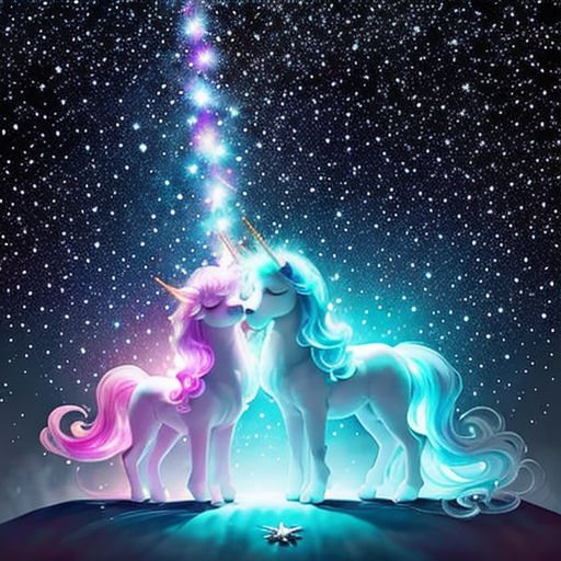 two unicorns are standing on a hill with stars in the sky behind them and a star in the sky above them