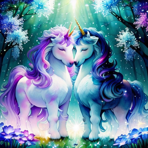 two unicorns are standing in the woods with snowflakes on them and one is kissing the other