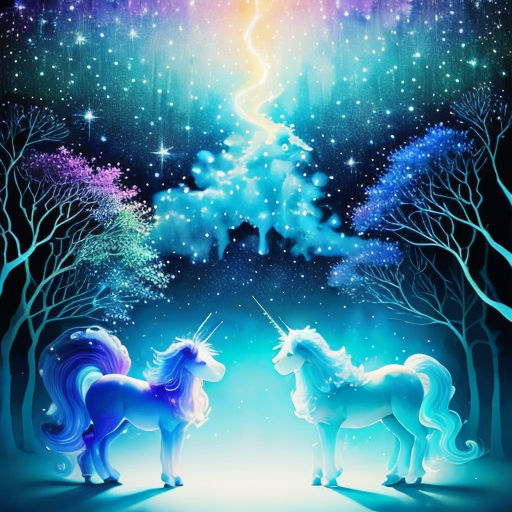 a painting of two unicorns in the snow with a christmas tree in the background photo by a person