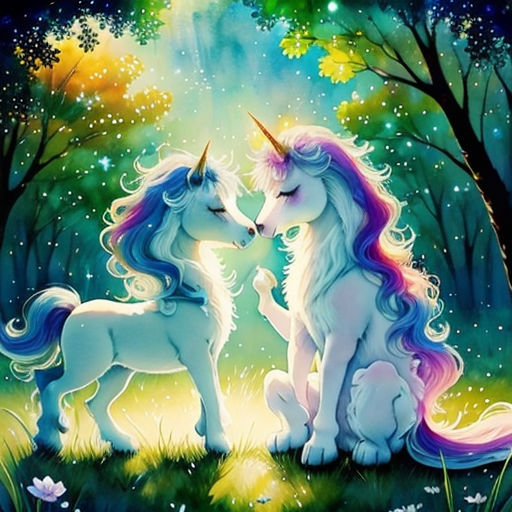 two unicorns are sitting in the grass with trees in the background and stars in the sky above them
