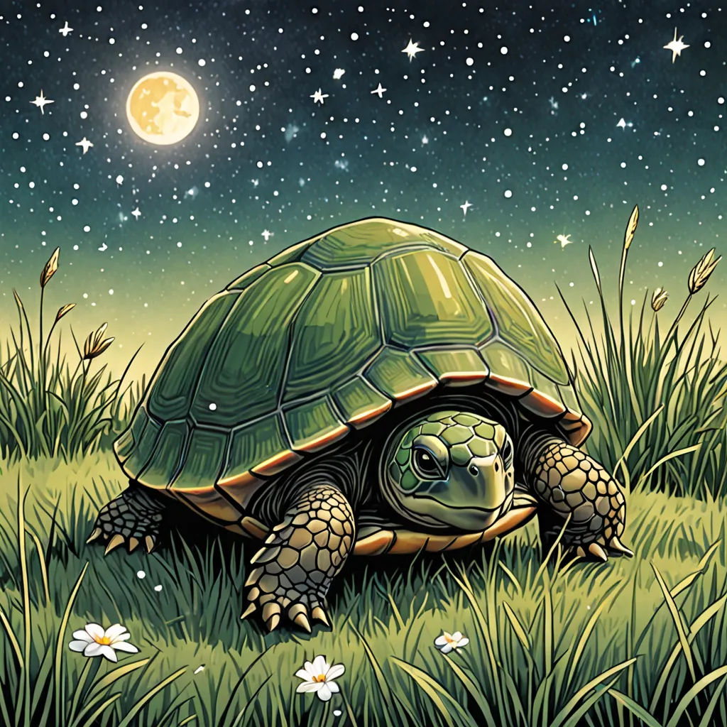 a painting of a turtle in a field of grass with a full moon in the background and stars in the sky, fantasy art, a storybook illustration, Dan Mumford, josan gonzales and dan mumford