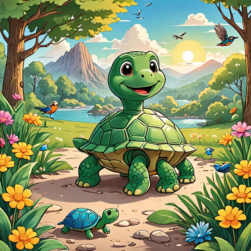 a cartoon turtle and a turtleling in a forest with flowers and birds around it, with a mountain in the background, sots art, a storybook illustration, Chris LaBrooy, official art