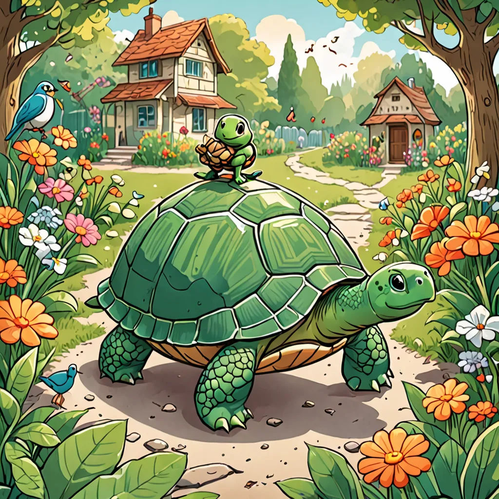 a turtle and a bird are on top of a turtle in a garden with flowers and trees and a house, fantasy art, a storybook illustration, Chris LaBrooy, storybook illustration