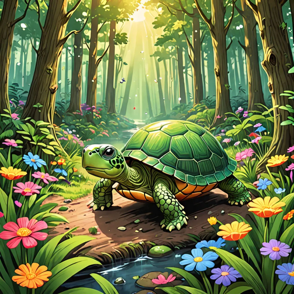 a painting of a turtle in a forest with flowers and trees around it, with the sun shining through the trees, fantasy art, a storybook illustration, Chris LaBrooy, storybook illustration