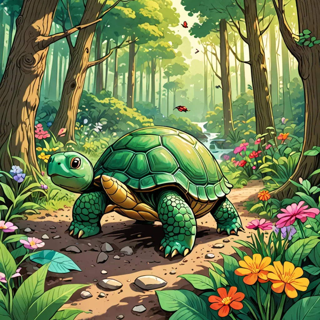 a turtle in the middle of a forest with flowers and butterflies around it, and a butterfly flying above it, fantasy art, a storybook illustration, Chris LaBrooy, official art