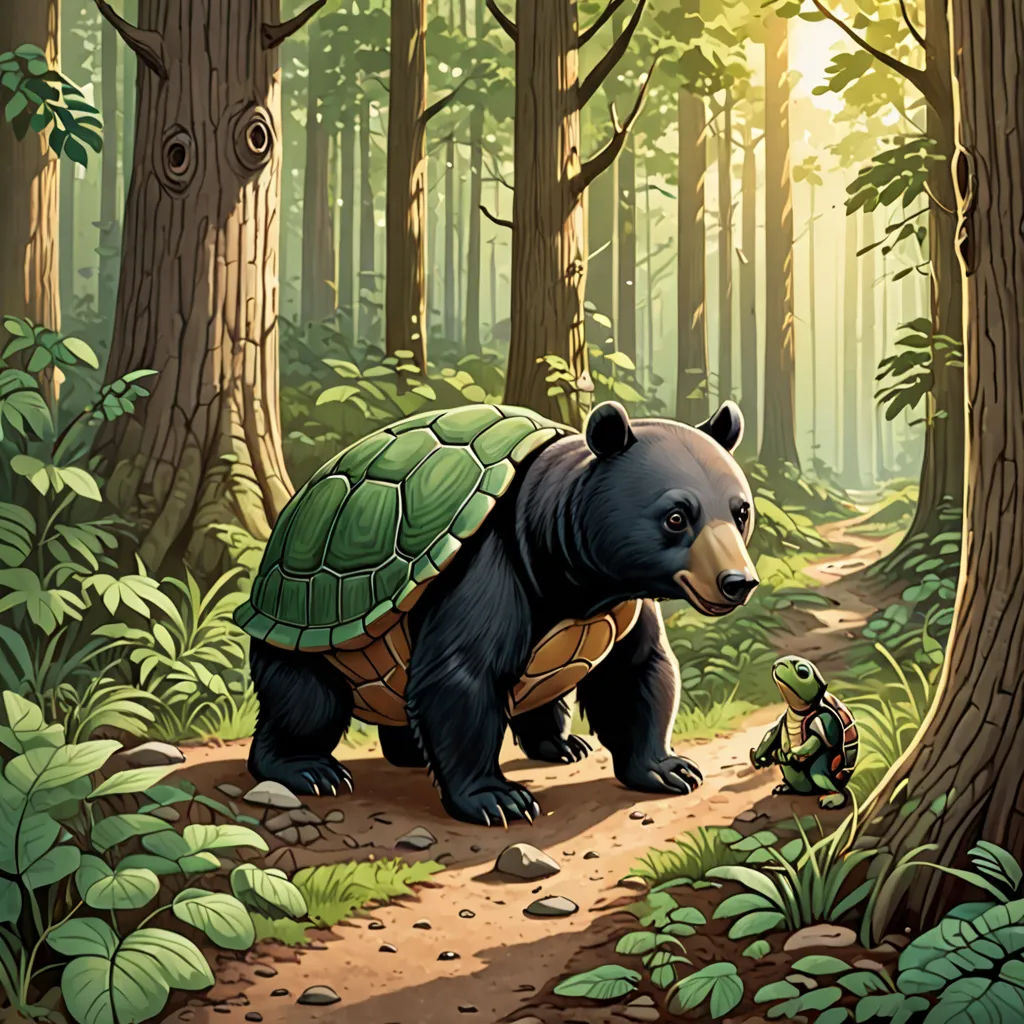a bear and a turtle in a forest with trees and plants on the ground and a man on the ground, american scene painting, a storybook illustration, Chris LaBrooy, storybook illustration