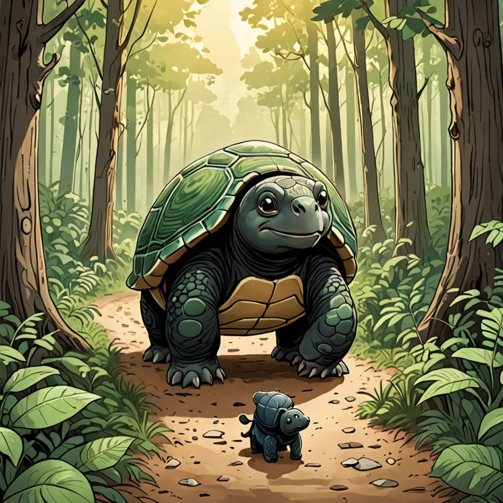 a small elephant walking next to a giant turtle in the forest with trees and leaves on the ground and a baby turtle on the ground, sots art, a storybook illustration, Chris LaBrooy, storybook illustration