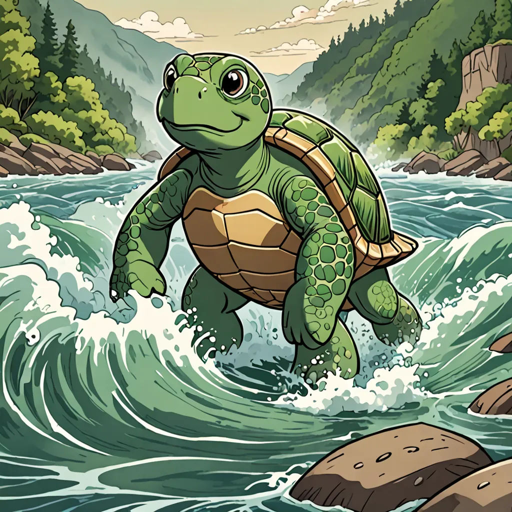 a cartoon turtle is riding a wave in the ocean with a mountain background and a river below it, with a rock in the foreground, environmental art, a storybook illustration, Dan Mumford, josan gonzales and dan mumford