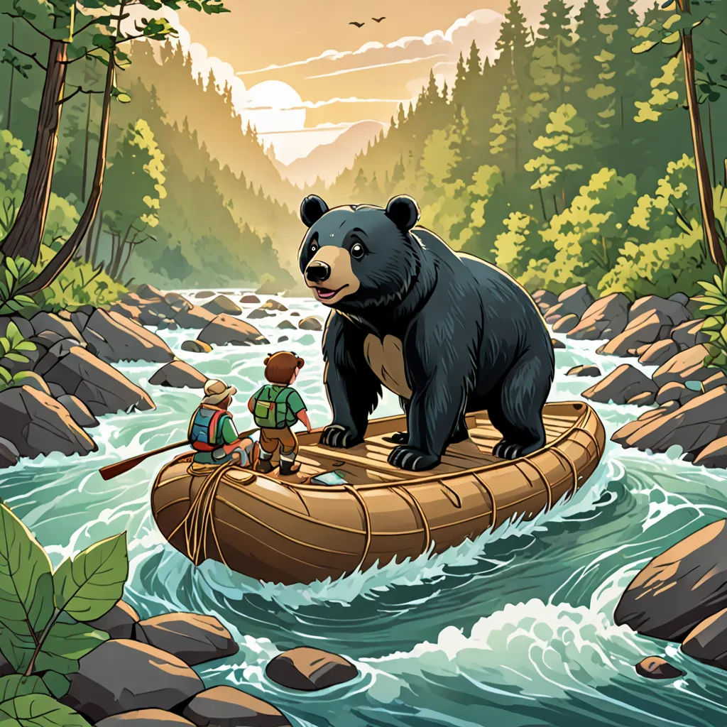 a bear and a boy are on a raft in a river with rocks and trees in the background and a mountain range in the distance, environmental art, a storybook illustration, Dan Mumford, storybook illustration