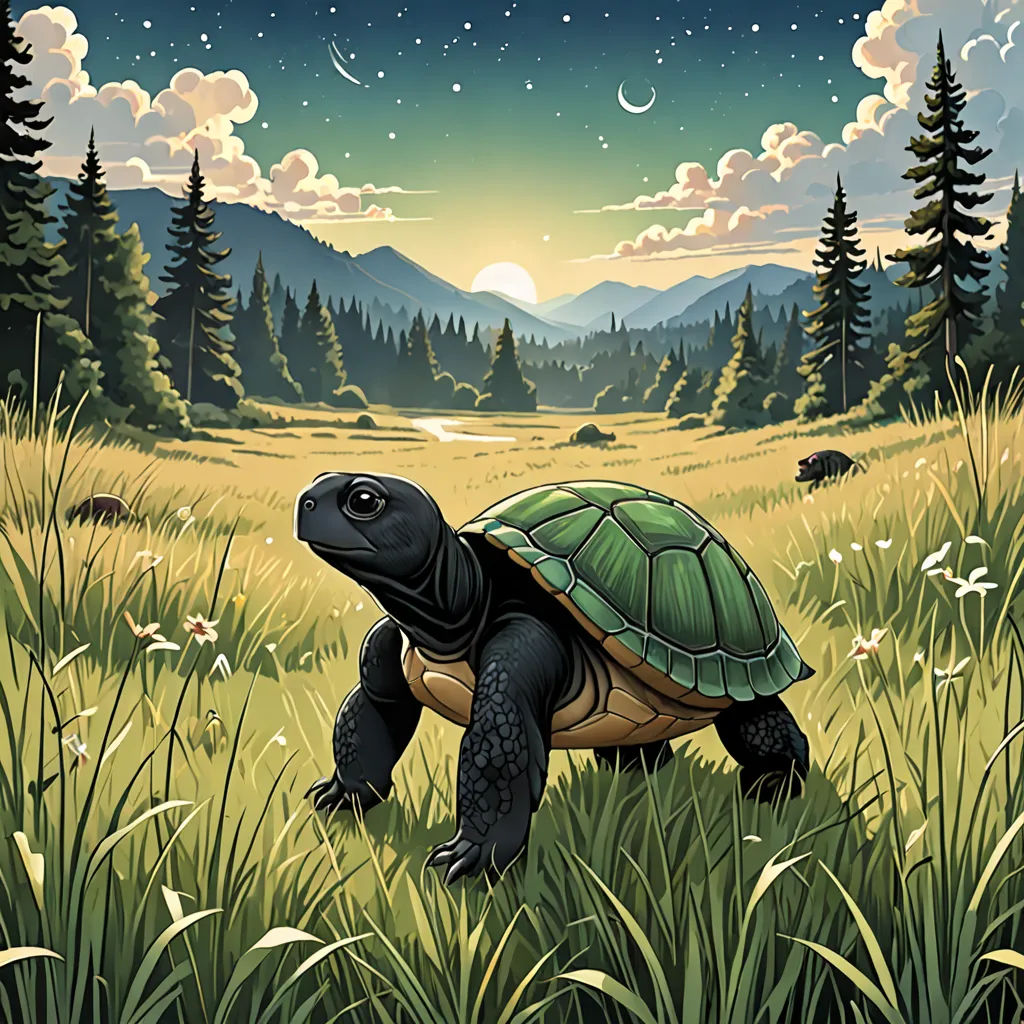 a painting of a turtle in a field of grass and trees with a full moon in the background and stars in the sky, fantasy art, a storybook illustration, Dan Mumford, josan gonzales and dan mumford
