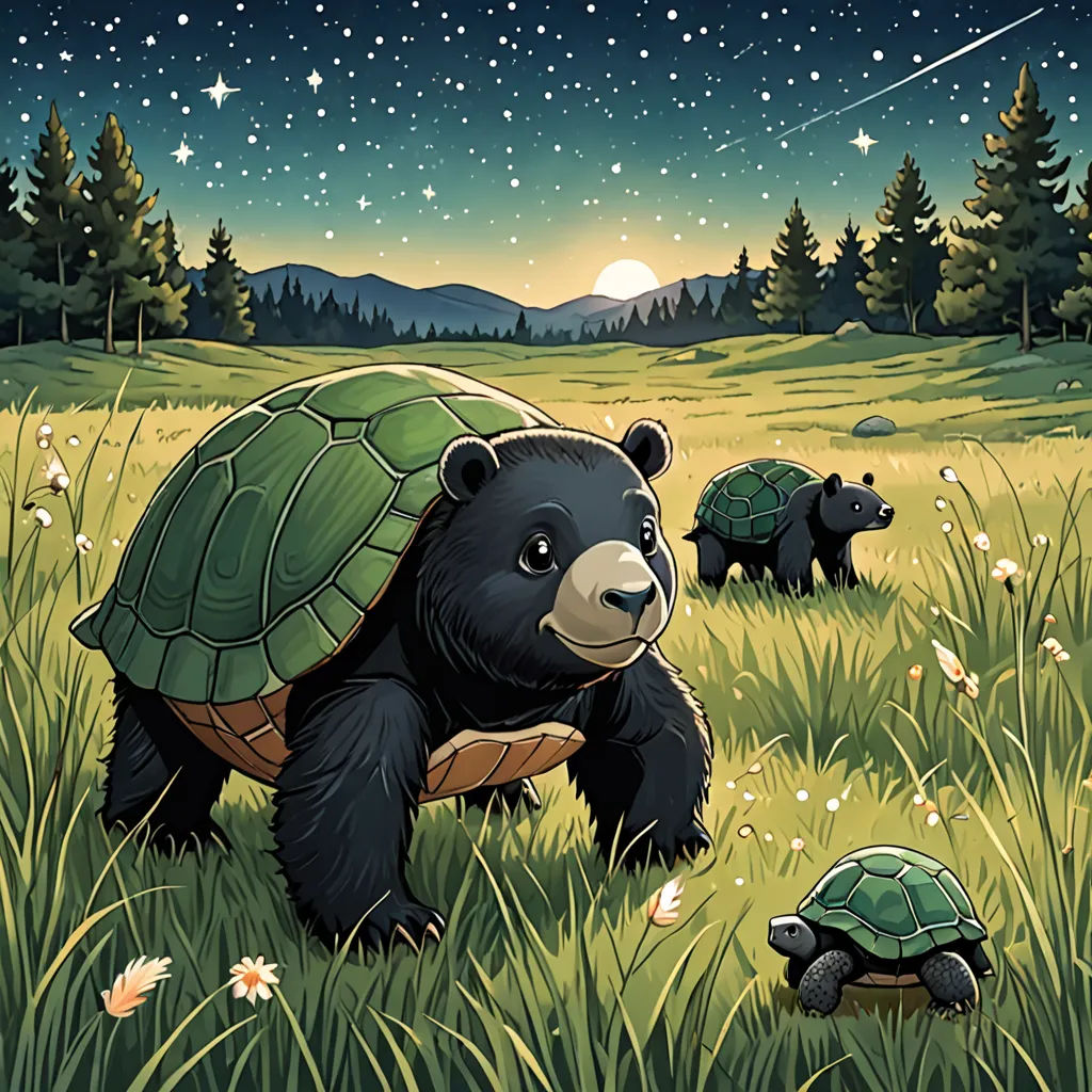 a bear and a bear cub are in a field with a turtle and a bear cub are in the background, sots art, a storybook illustration, Dan Mumford, josan gonzales and dan mumford