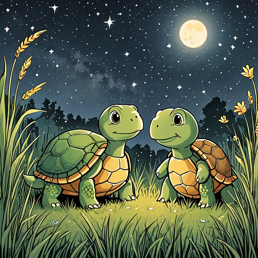 two turtles are sitting in the grass under the moon and stars in the sky, with a full moon in the background, space art, a storybook illustration, Dan Mumford, storybook illustration
