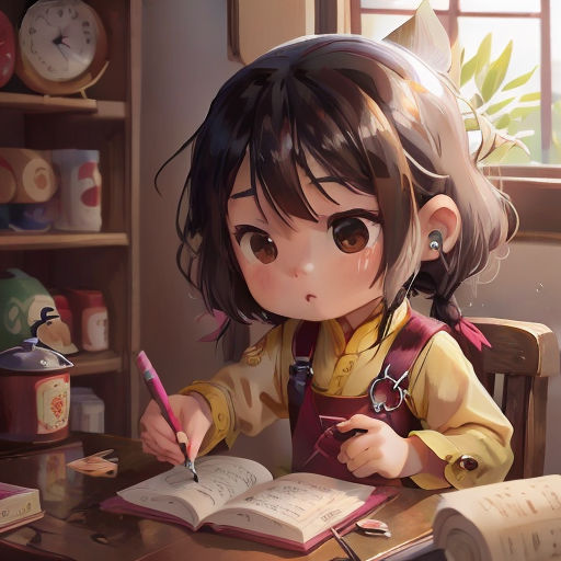 a little girl sitting at a desk writing on a book and holding a pen and paper in her hand