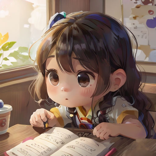 a little girl sitting at a table with an open book in front of her and a cup of coffee