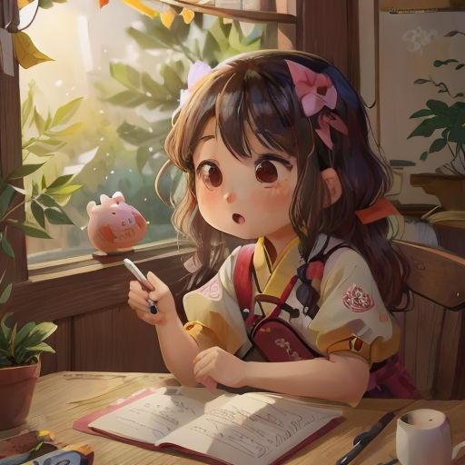 a girl sitting at a table with a book and a pig toy in her hand and a pen in her hand
