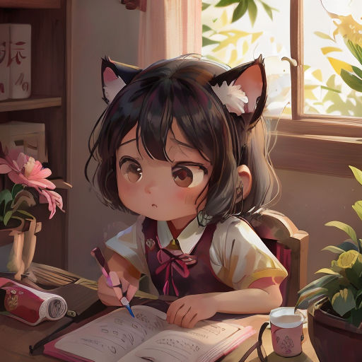 a girl sitting at a desk writing on a book with a cat ears on her head and a cat tail on her head