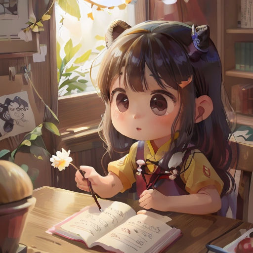 a girl sitting at a table with a book and a flower in her hand and a book in front of her