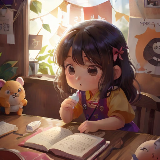 a little girl sitting at a table with a book and a teddy bear next to her on the table