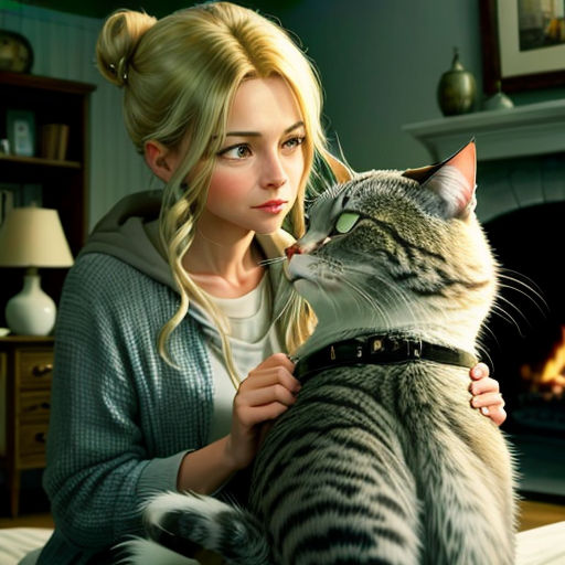 a woman holding a cat in her arms in front of a fireplace with a cat on her lap and a cat on her lap