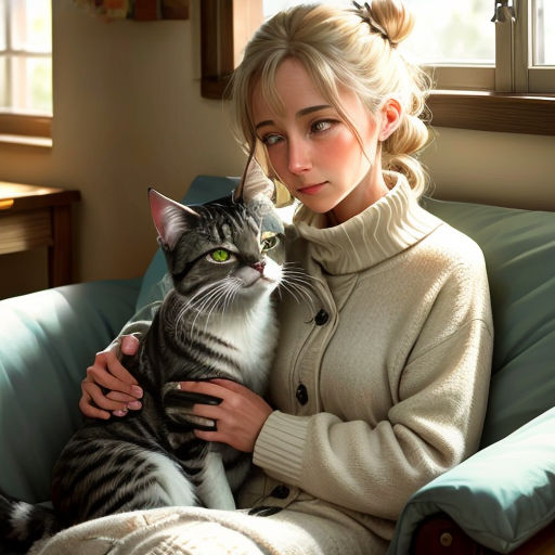 a woman sitting on a couch holding a cat in her lap and looking at the camera with a serious look on her face