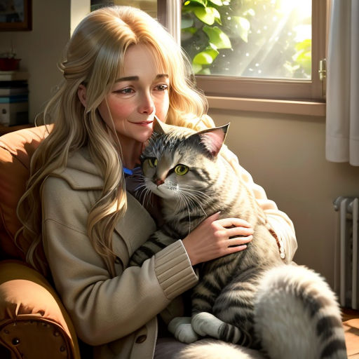 a woman sitting on a couch holding a cat in her arms and looking out the window with sunlight streaming through the window
