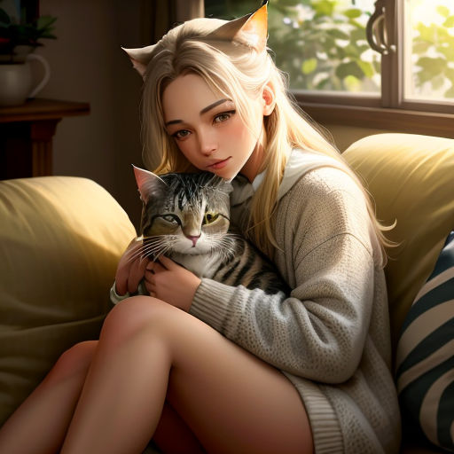 a woman sitting on a couch holding a cat in her lap and looking at the camera with a serious look on her face