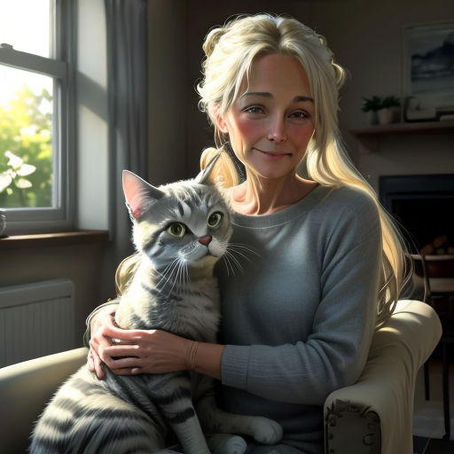 a woman sitting in a chair holding a cat in her arms and smiling at the camera with a window in the background