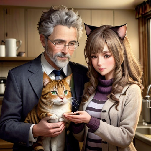 a man and a woman holding a cat in a kitchen with a cat on their lap and a cat on their shoulder