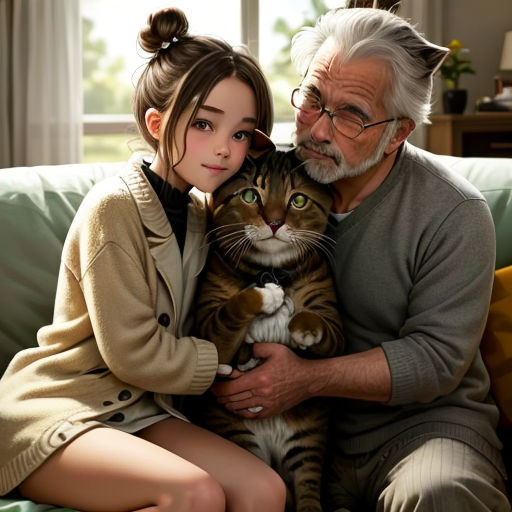 a man and a woman sitting on a couch with a cat in their lap and a cat on their lap