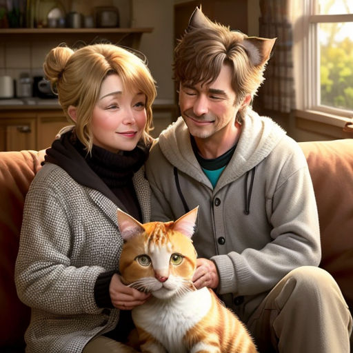 a man and woman sitting on a couch with a cat in their lap and a cat on their lap