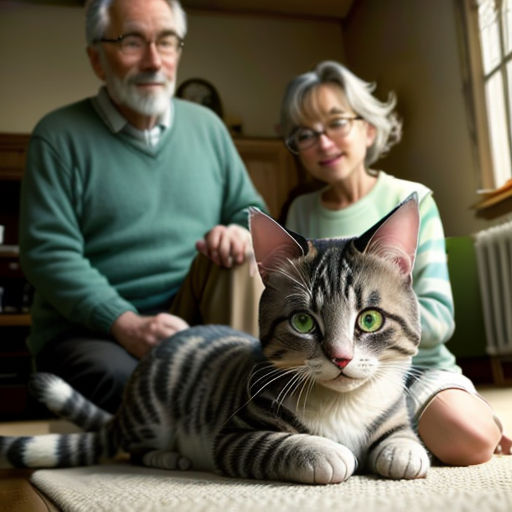 a cat sitting on a rug next to a man and woman in a living room with a cat on the floor