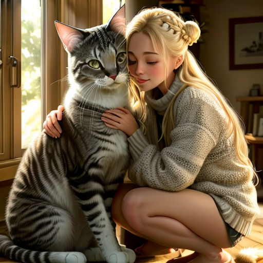a woman is petting a cat in a room with a window and a cat on the floor next to her