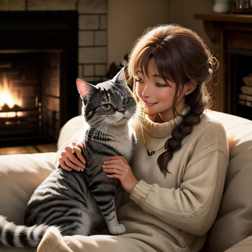 a woman sitting on a couch holding a cat in her lap and looking at the camera with a fireplace in the background