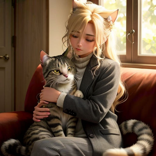 a woman sitting on a couch holding a cat in her lap and looking at the camera with a serious look on her face