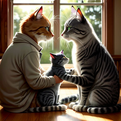 a man sitting on the floor with two cats next to him and a cat looking at him through a window