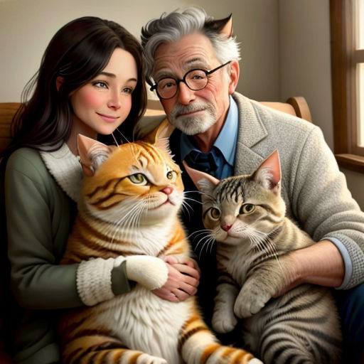 a man and woman sitting next to each other holding cats in their arms and smiling at the camera with a cat in their lap