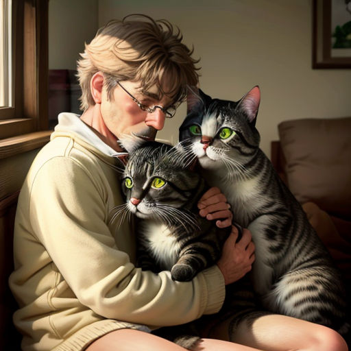 a man holding two cats in his arms while sitting on a couch in front of a window with a cat on his lap
