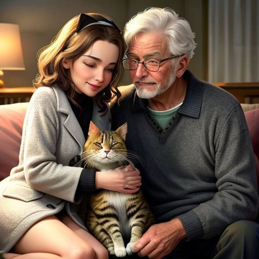 a woman sitting next to a man on a couch with a cat on his lap and a cat on his lap