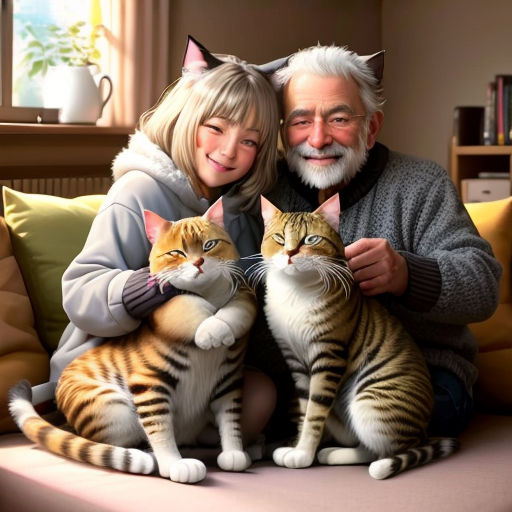 a man and woman sitting on a couch with two cats in front of them, with a cat on the couch